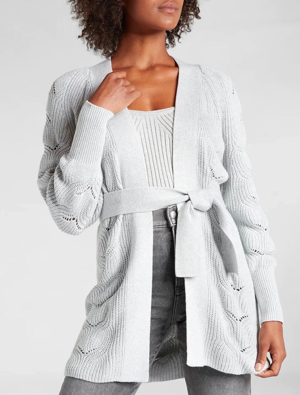 Express Gray Pointelle Belted Cardigan Sweater Small Cotton Blend Academia